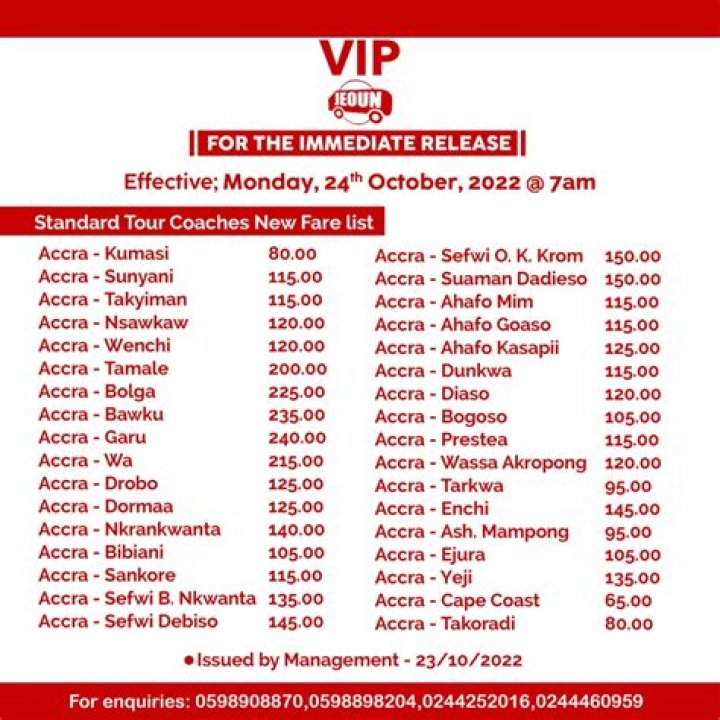 What is the fare from accra to kumasi?
